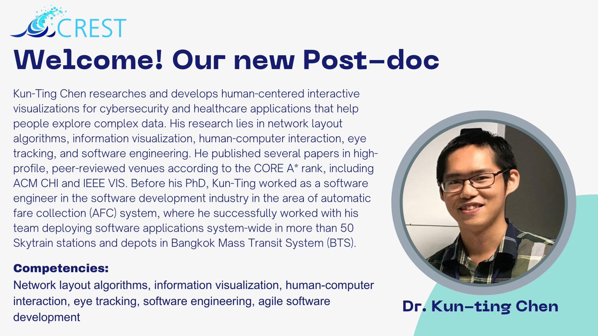 Centre for Research on Engineering Software Tech (@crest_centre) on Twitter photo We're glad to introduce the first new member, Dr. <a href="/kuntingchen1/">kun-ting chen</a>, to join CREST. He'll be leveraging his research expertise in #information #visualisation, #HCI (human-computer interaction) & #SoftwareEngineering in various exciting projects in the group. Welcome onboard!🎉🥳 2/n We're glad to introduce the first new member, Dr. <a href="/kuntingchen1/">kun-ting chen</a>, to join CREST. He'll be leveraging his research expertise in #information #visualisation, #HCI (human-computer interaction) & #SoftwareEngineering in various exciting projects in the group. Welcome onboard!🎉🥳 2/n
