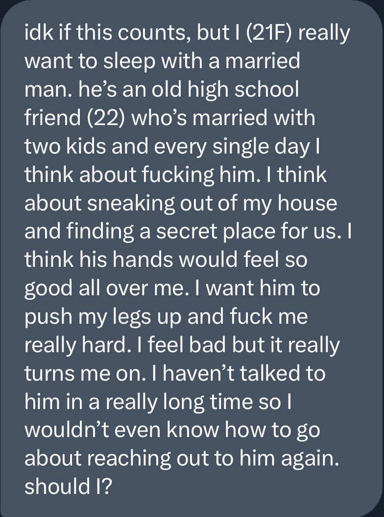 SecretConfessUS's tweet photo. Let’s hear what y’all think. How would you seduce a married man? 🤔 https://t.co/Bp9vZtXHXS