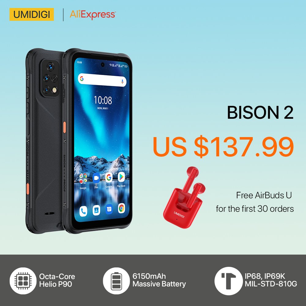 umidigi_usa's tweet photo. Get #BISON2 or #G3Max at the best price and save an extra $4 per $30 right now.
Be one of the first 30 orders then you can receive FREE #AirBudsU!🎁
🛒https://t.co/T2B1HsGCEW
🛒https://t.co/fuXgp2MRpM
#Summer #Umidigi #Aliexpress https://t.co/Gf2qj0vD3a