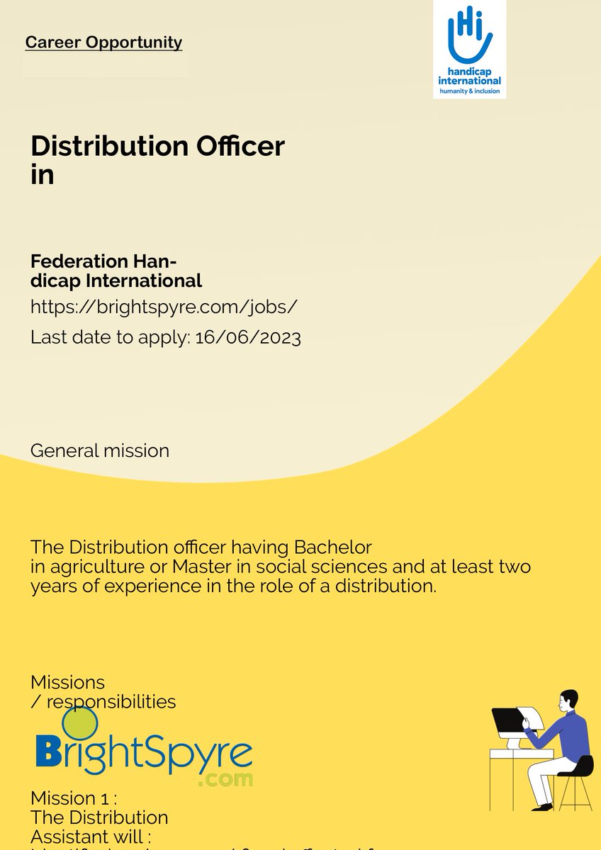 BrightSpyre's tweet photo. Federation Handicap International is Looking for Distribution Officer... Apply now: https://t.co/fNh1R79VpR  
#BrightSpyre #Job #Distribution #Offi https://t.co/YnYteaHgEA