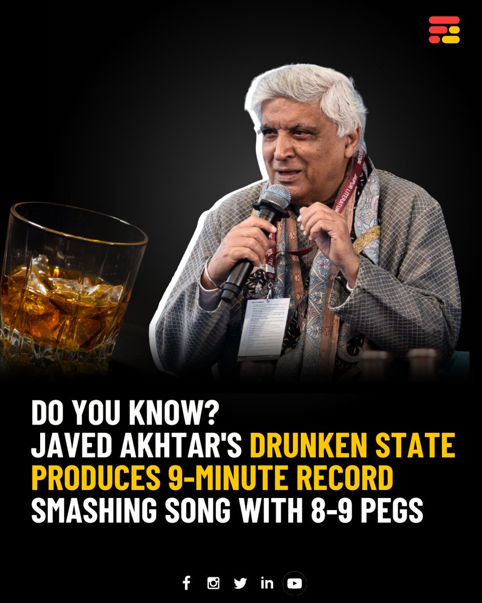 Javed Akhtar, after consuming 8-9 pegs, wrote the song 'Tumko dekha to ye khayal aaya' in 9 minutes for Jagjit Singh.

#feedmile #feedmileapp #javedakhtar #javedakhtarsongs #javedakhtarlyrics #songwriter #writer #javedji #javedakhtarmusics #bollywoodsongs #bollywoodmusics