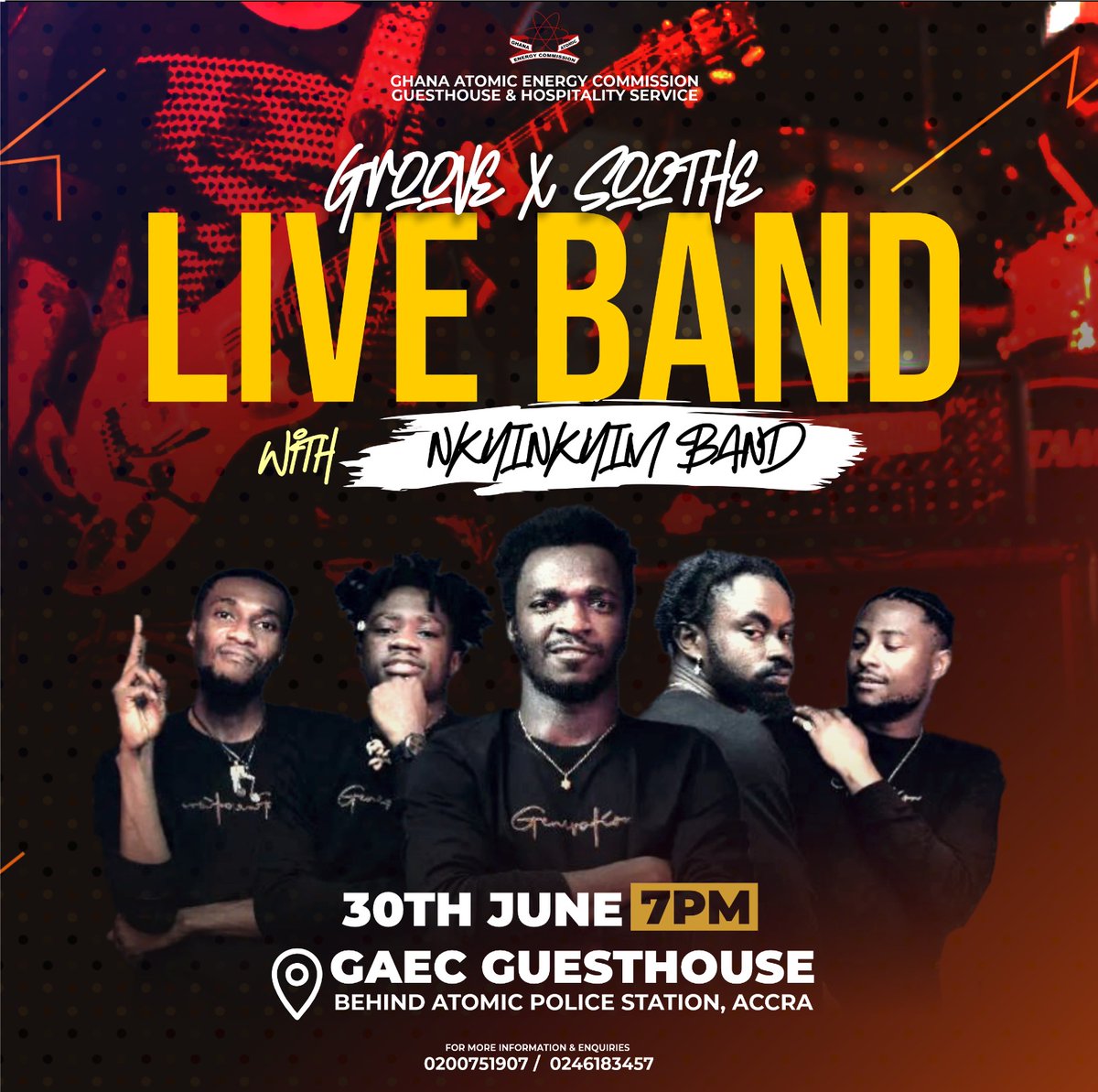 GAECGH's tweet photo. 🎵 Get Ready to Rock the Night Away🤘🎸 with *Nkyinkyim Band* on Friday, 30th June, 7pm @ the GAEC Guest House. Don't miss out on this epic night of non-stop entertainment! 🎉🌟
#LIVEBandExperience #FeelTheMusic #FridayNightVibes #GAEC https://t.co/uEeb5kA1nW