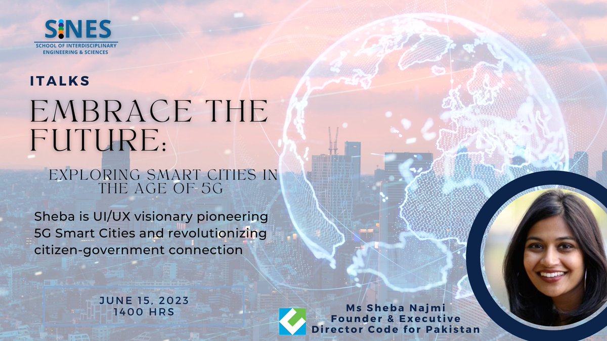 NustSines's tweet photo. "Discover the future of 5G Smart Cities with visionary UI/UX expert Sheba! Witness how technology and civic engagement intertwine. 
#SmartCities #5G #EmbraceTheFuture #NUST #SINES https://t.co/p497Ox0Ahs