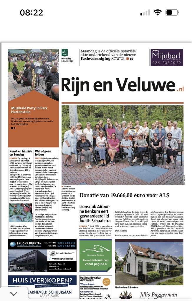 Heel gelaagde actie van onze Lionsclub Renkum Airborne. 19.666,- voor stichting ALS. Het brengt onze Judith helaas niet terug, maar hopelijk helpt het anderen❤️