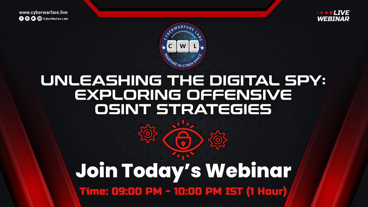 Join us today with webinar on:'Unleashing the Digital Spy: Exploring Offensive OSINT Strategies' 📢

⏲ Time: 9:00 PM - 10:00 PM IST
⏳ Duration: 1 Hour

👉 Reserve your spot for Free now:
attendee.gotowebinar.com/register/70604…

#cwl #webinar #OSINT #DigitalSpy #OffensiveStrategies