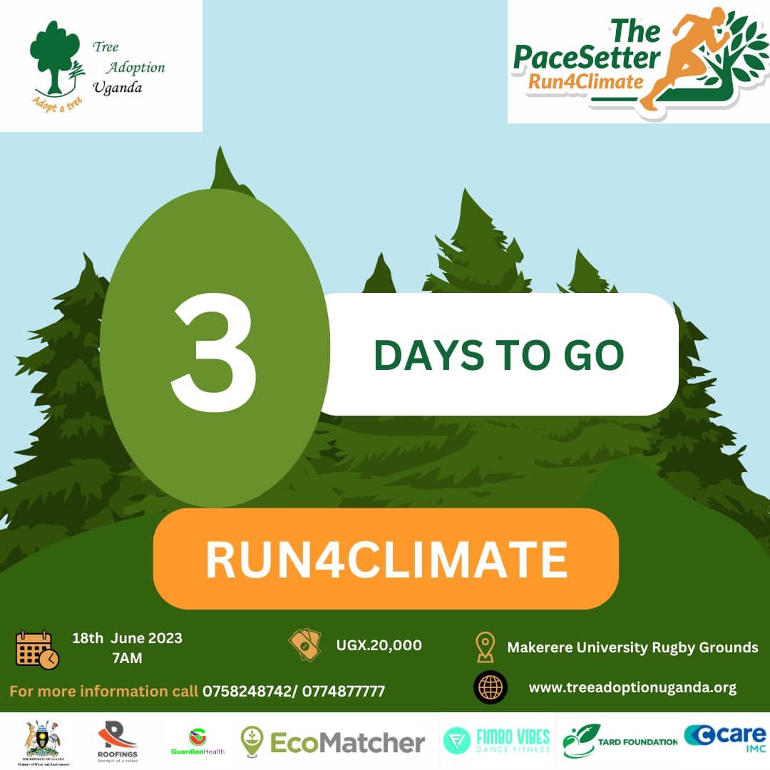 It is #Run4Climate O’clock! 💃🏾🕺🏾

Get your kits from :
-Guardian Pharmacy Acacia and Wandegeya Branches
-Tree Adoption Uganda office 

Pay here : treeadoptionuganda.org