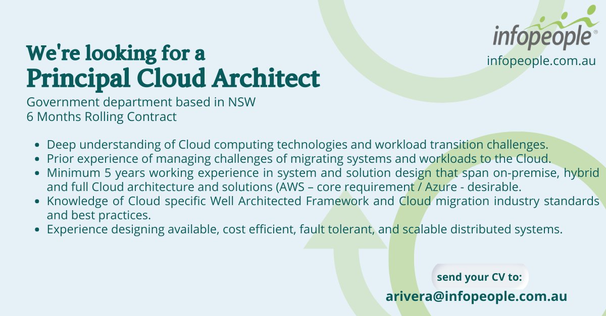 Infopeople is #hiringnow!

If you’re looking for a new role, get in touch with Mary Anne Rivera at 0482 097 763 / arivera@infopeople.com.au OR visit our website at infopeople.com.au.

#hiring2023 #cloudarchitecture #cloudarchitect #cloudcomputing #sydneyjobs