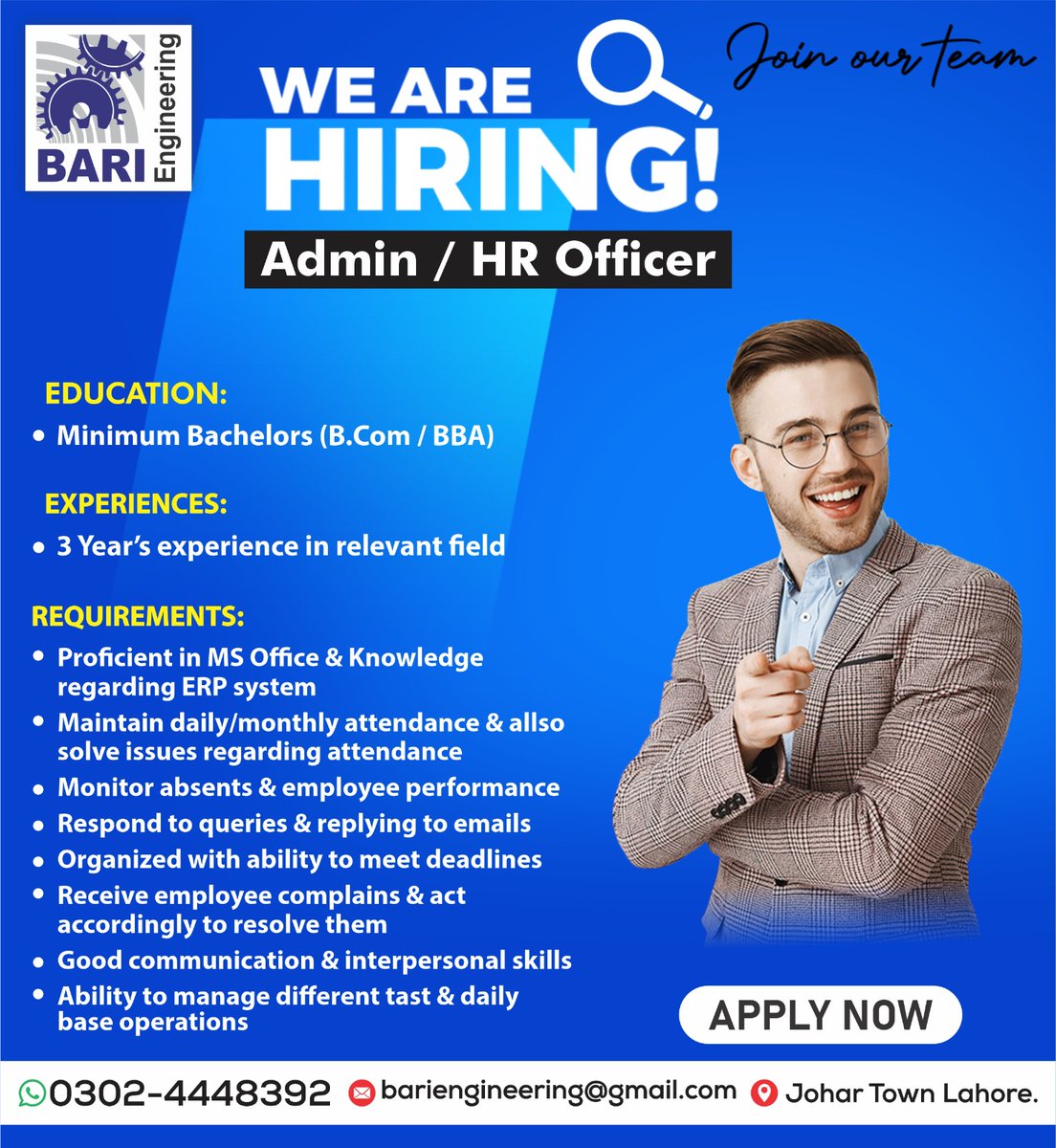 Job Available
Admin  /  HR Officer

Call Us At
0302-4448392
#JobOpening #AdminHR #JobOpportunity #HRJob #AdminJob #HiringNow #CareerOpportunity #JobVacancy #HRVacancy #AdminVacancy