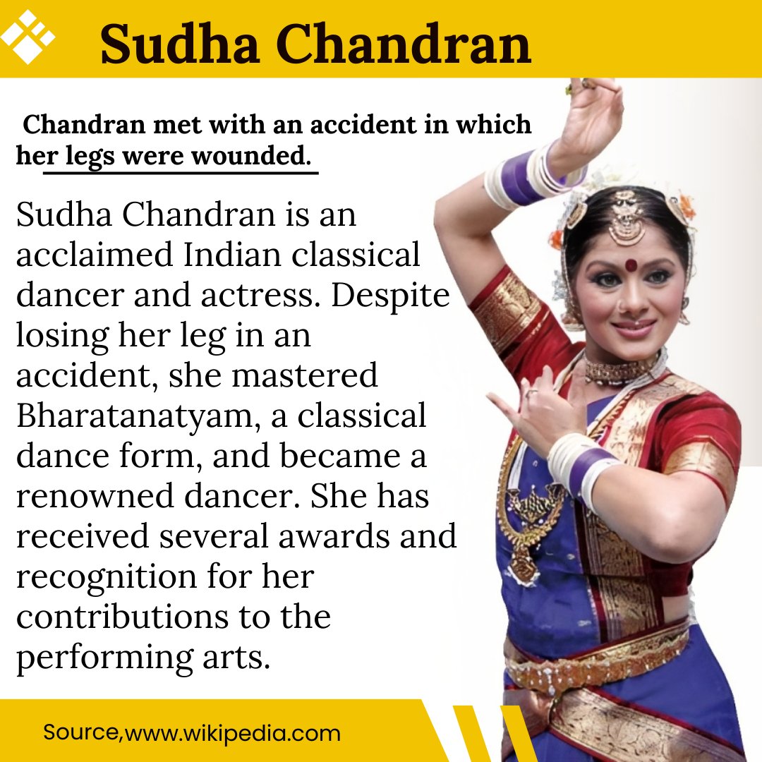 Despite losing her leg, she beat all odds and mastered the art of Bharatanatyam, dazzling audiences all over the world. Her unwavering attitude and talent are truly amazing. #SudhaChandran #Inspiration #DanceWithPassion #OvercomingObstacles @sudhasharma