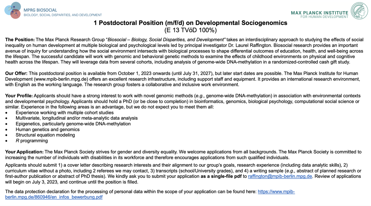 We're hiring! ~4-year postdoc in Berlin on developmental sociogenomics, incl epigenetics in a cash gifts randomized trial! Great salary, free childcare, ~5 wks vacation, part or full-time, pensions, paid parental leave, home office, diverse super-team & excellent science!