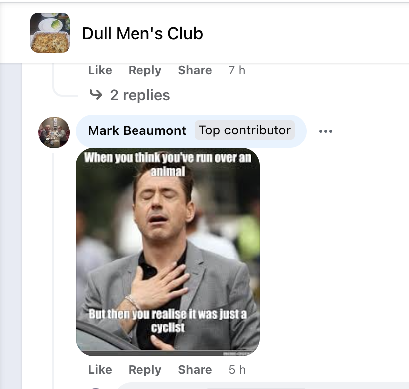 TimCooperman's tweet image. I've asked the bloke who posted this to take it off Facebook, explaining I've lost a few friends to cars over the years. If he doesn't, I'm minded to share his car registration, home address and mobile number. After all, its just bants innit