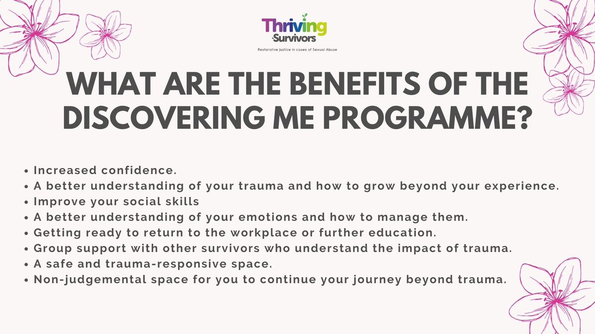 The Discovering Me Programme: What are the benefits?

More: tinyurl.com/2p8myvke

#thrivingsurvivors #survivorsvoices #restorativejustice #traumarecovery #healingjourney #traumasensitive #traumascotland #childsexualabuse #dangersforchildren #youth #domesticabuseawareness