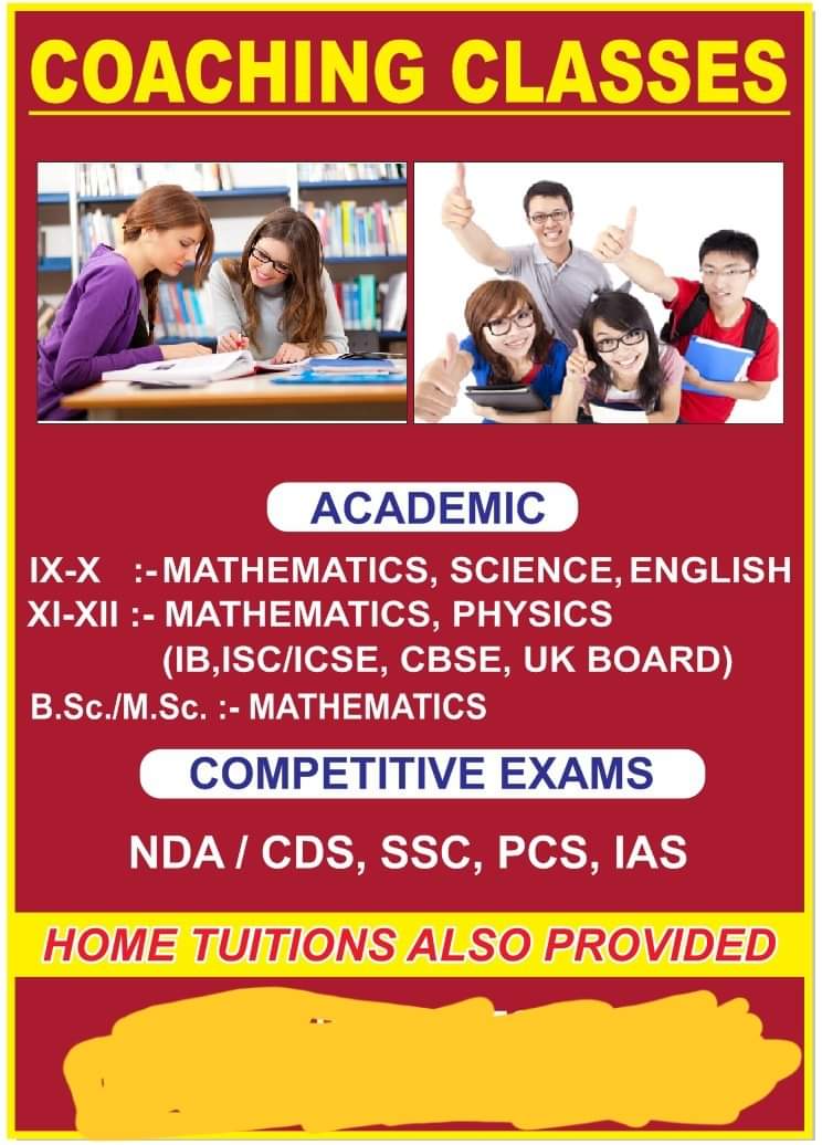 #TuitionClasses #individualclasses #individualattention #coachingleaders #rishikesh  #mathematics #Physics #Chemistry #competitiveexams  

Excellent home tuitions are available in Rishikesh.
Past results :- 100℅
Teaching experience :- 24 years.
Whatsapp or call @ 6395786609