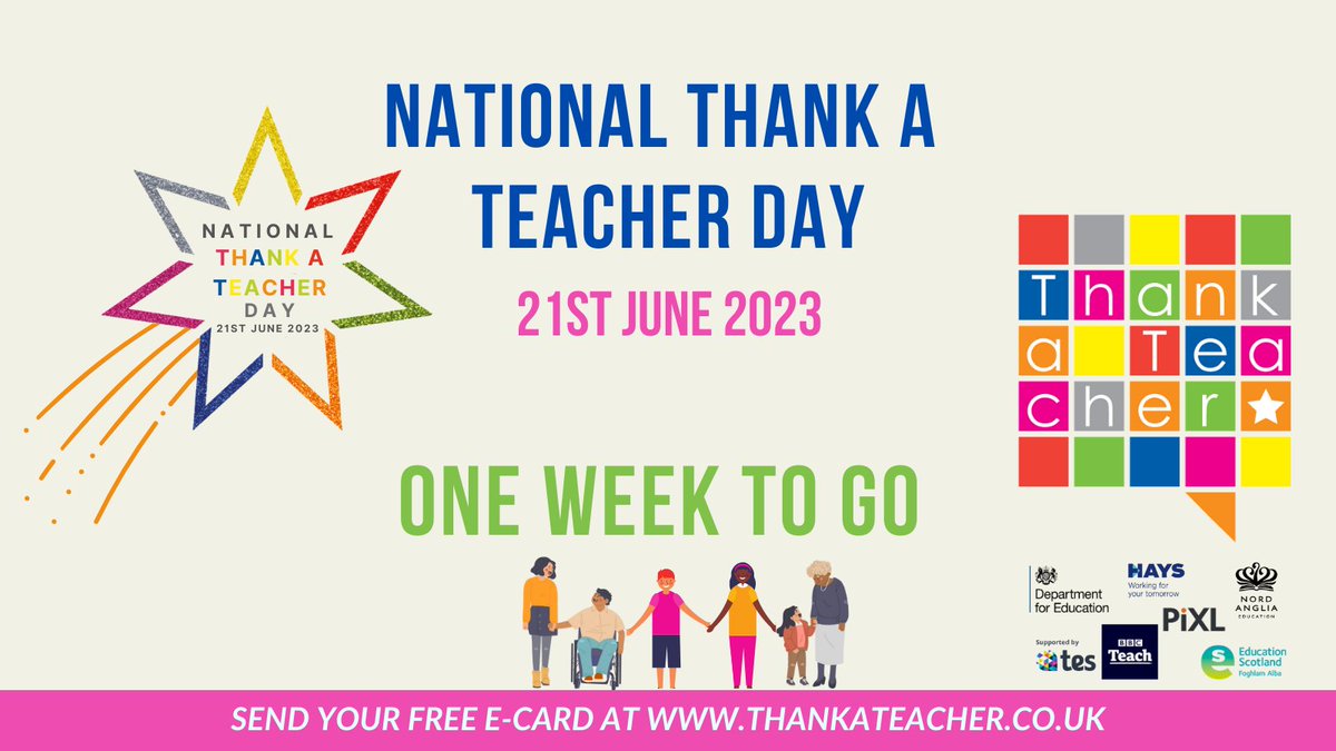 One week to go until national #ThankATeacherDay !

Next Wednesday we’ll be celebrating all those working in early years, schools and colleges.

Send your thanks to a staff member at the @ThankaTeacherUK website: bit.ly/3BzzplG