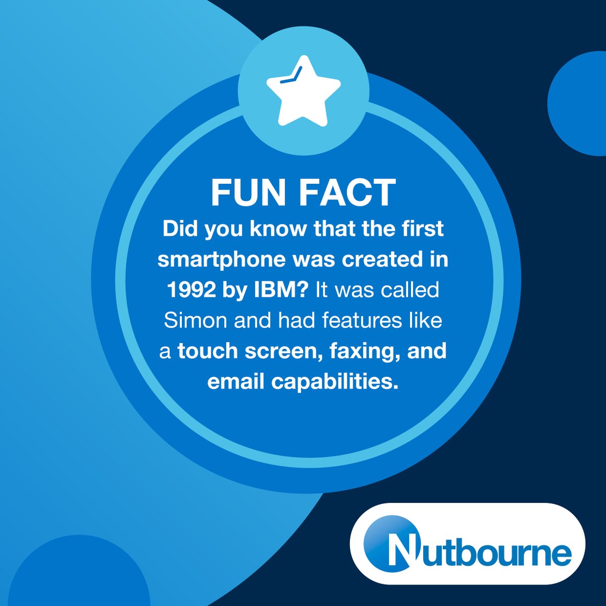 NutbourneUK's tweet photo. Did you know the first smartphone was created in 1992 by IBM? Called Simon, it had a touch screen, faxing, &amp; email capabilities. While revolutionary then, it wasn't until the iPhone's introduction in 2007 that smartphones became ubiquitous, transforming communication and tech. https://t.co/1M0uaYQrVL