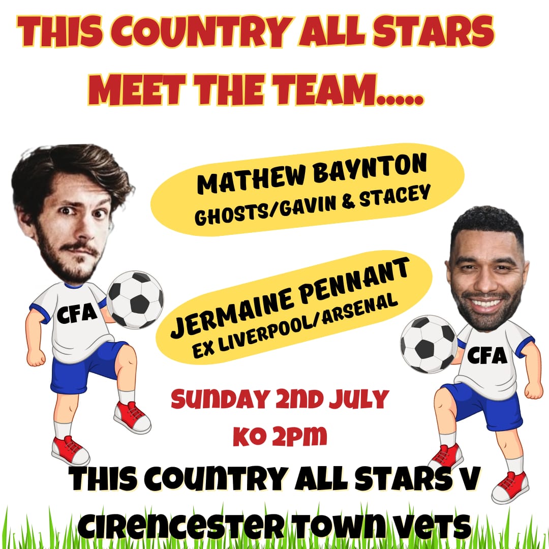 Meet the players
<a href="/realmatbaynton/">Mathew Baynton</a> <a href="/pennant83/">Jermaine Pennant</a> 
Sunday 2nd July 2pm k.o.
Proceeds to <a href="/NationalCFA/">CHILDREN'S FOOTBALL ALLIANCE</a> 
tickettailor.com/events/cirence…