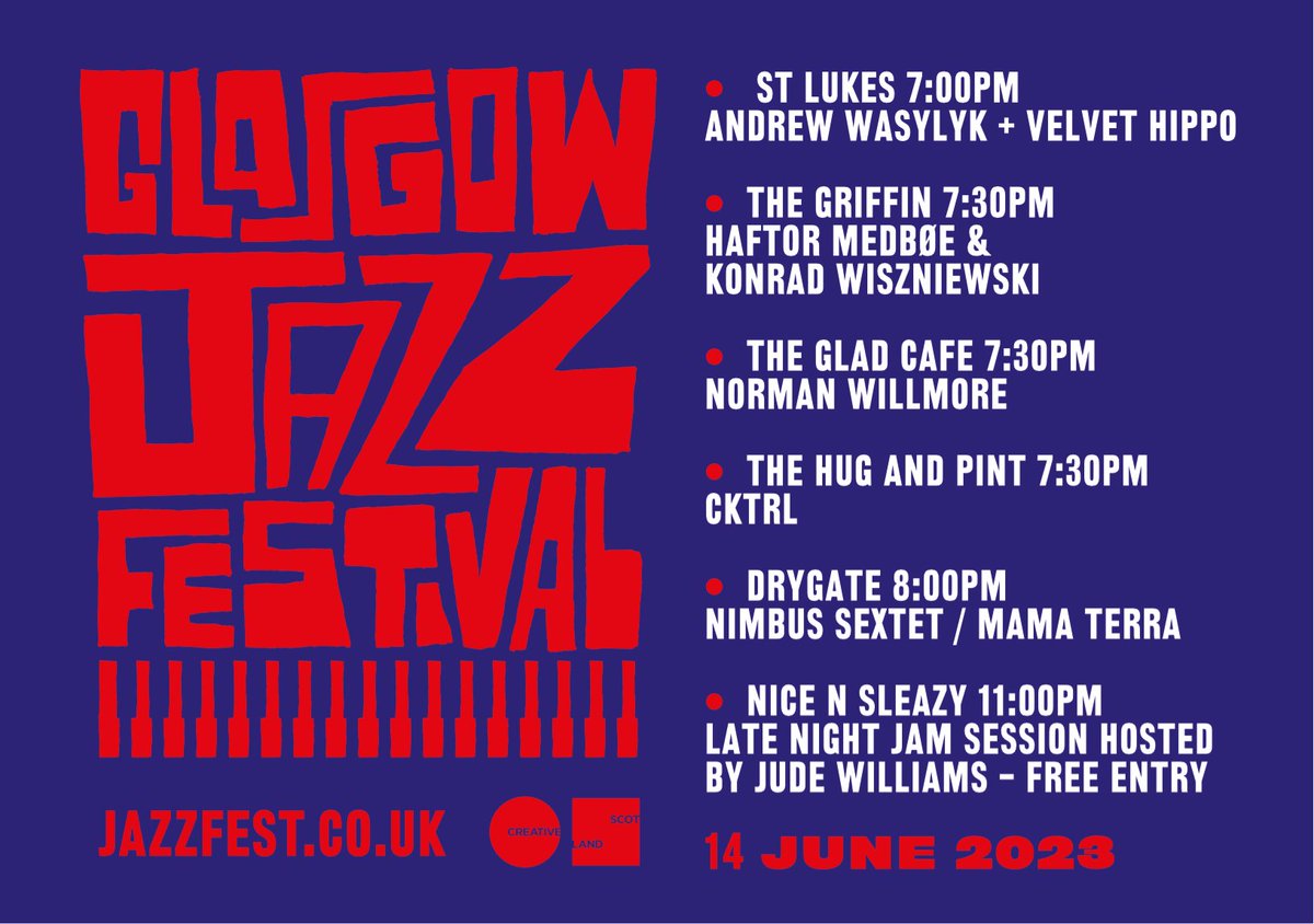 Day 1 of #GlasgowJazzFestival opens with @A_Wasylyk @cktrl @NimbusSextet & more! 
🎫Very limited tickets available for @HaftorMedboe & Konrad Wiszniewski - all other tickets available on the door and at jazzfest.co.uk. Late Night Jam Session @nice_n_sleazy is FREE ENTRY!