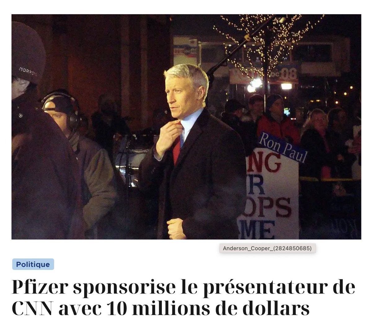 Aux États-Unis, Pfizer a payé 10 millions de dollars sur le salaire de 12 millions de dollars du présentateur vedette de CNN Anderson Cooper. Et tu penses qu'il allait dire du mal des poisons-vaccins ? 

Rien qu'en Autriche, selon le rapport de transparence, Pfizer a versé  un