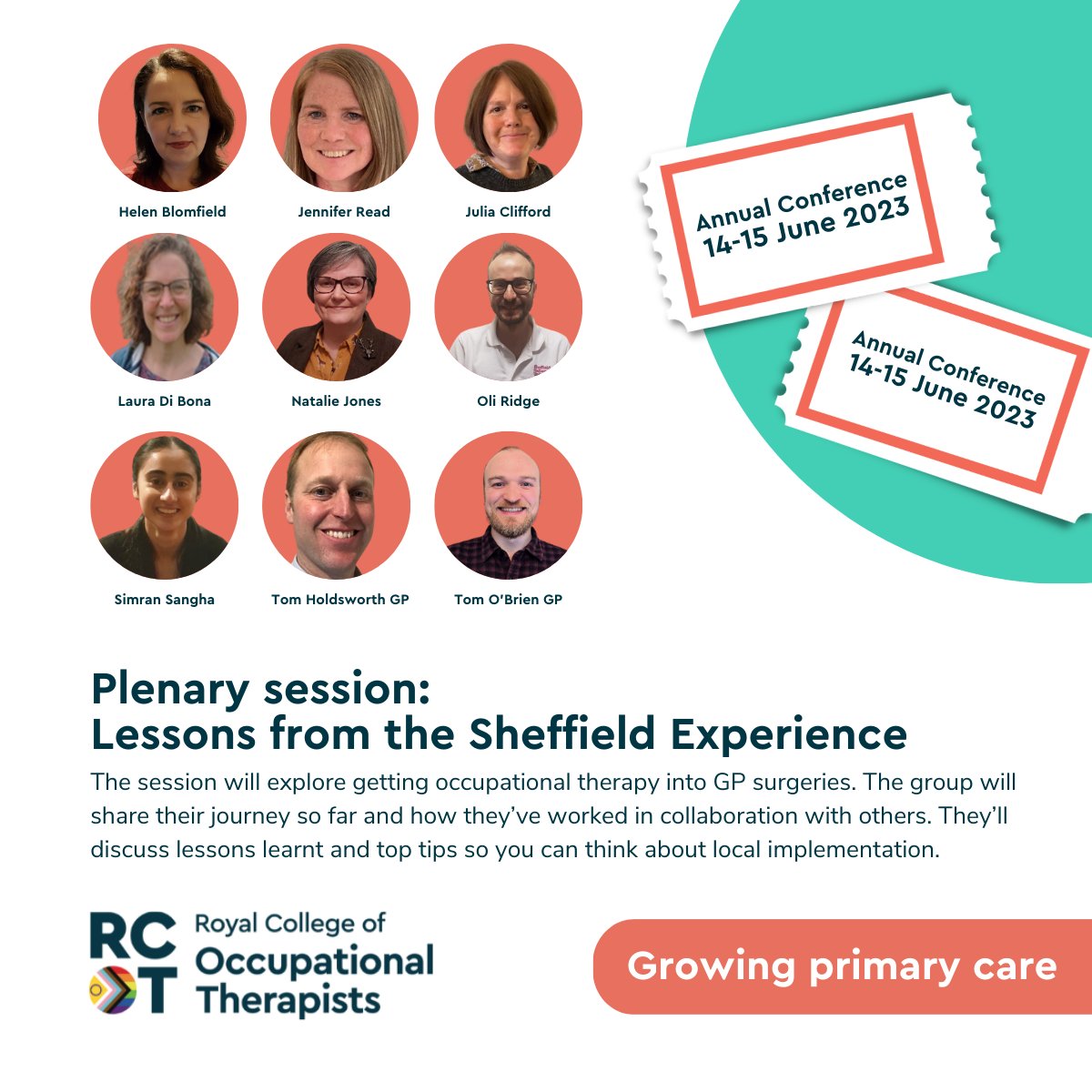 ⏰ #RCOT2023 starts in 30 minutes. 
🗣️ Join us for our opening plenary, 'Lessons from the Sheffield Experience,' where they'll be sharing their experience of bringing occupational therapy into GP surgeries.
💚 Join us from 8.30am.