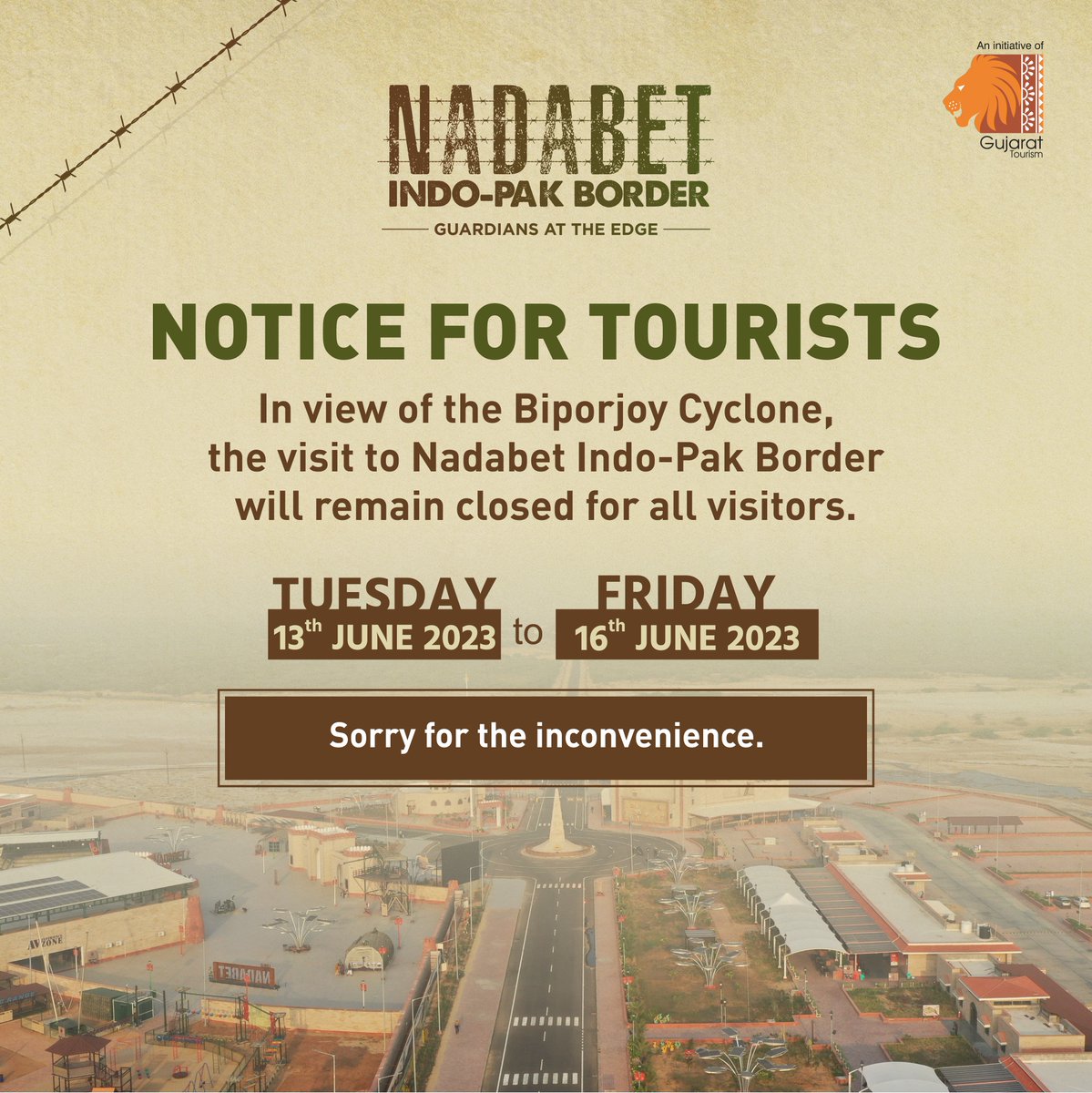 Important Notice for tourists that Nadabet Indo-Pak Border will remain closed till June 16 under the forecast of the Biporjoy cyclone.

#visitnadabet #IndoPakBorder #NadabetBorder
#palanpur #suigam #banaskantha #Gujarat #gujarattourism #exploregujarat #incredibleindia
