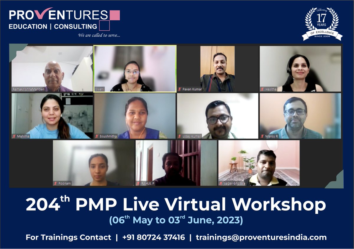 provenindia's tweet photo. Check out this captivating screenshot capturing the engagement and knowledge-sharing in our 204th PMP Live Virtual Workshop! 

#PMPWorkshop #Proventures #ProfessionalDevelopment #CareerGrowth #ProjectManagementSkills #EnhanceYourSkills  #AccelerateYourCareer  #livevirtualworkshop https://t.co/0iulVMcGwn