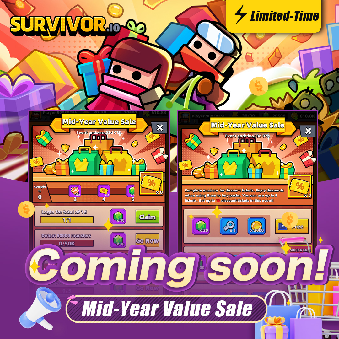 Survivor!.io on X: 🆒Mid-Year Shopping Fest Event coming soon! 🔥It's time  for the yearly Shopping Fest! Are Survivors ready for mega sale? 🕓Event  Period: 6/16 16:00 UTC+0 to 6/19 16:00 UTC+0 🛒Complete