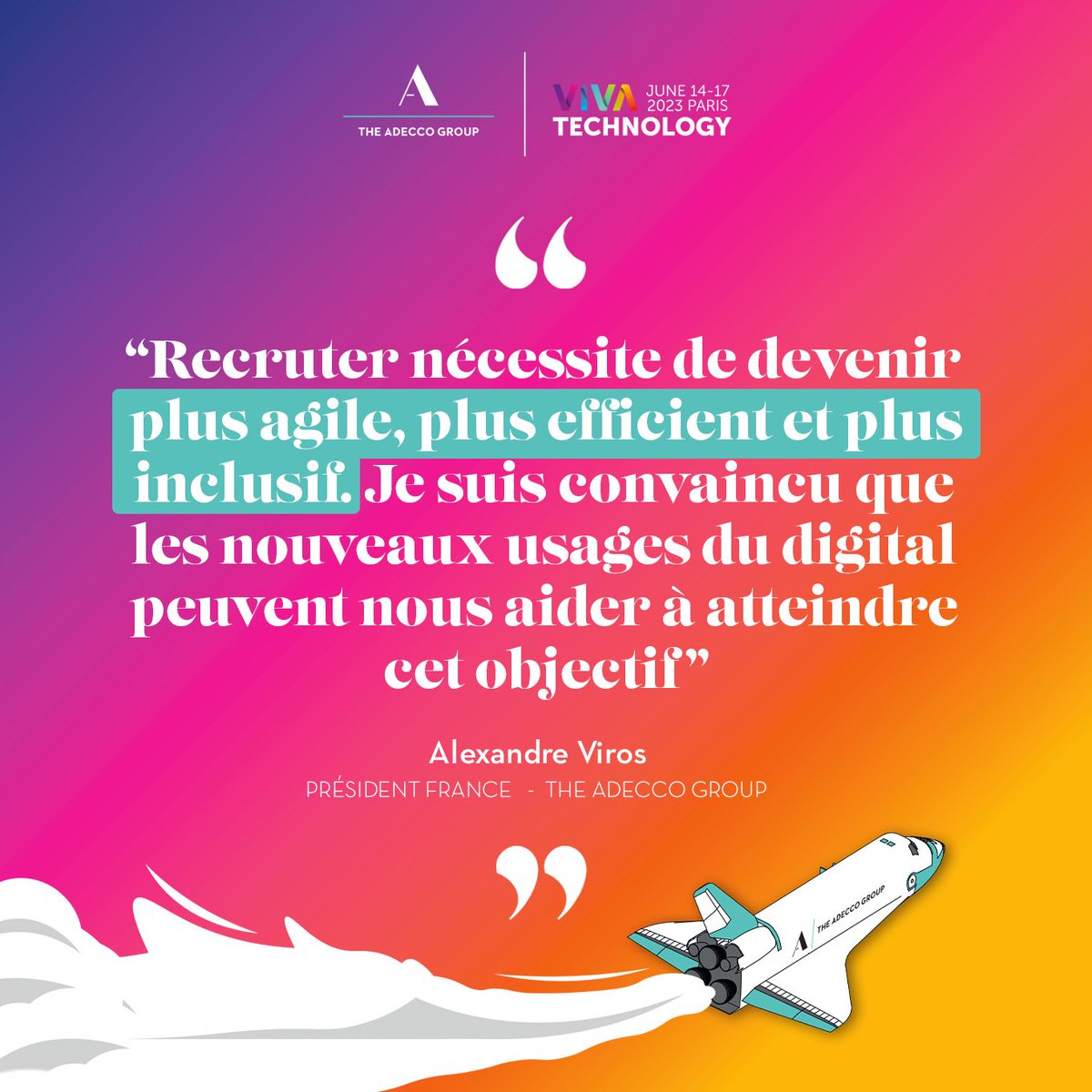 #VivaTech 🚀 | Innover pour l'insertion à travers l'emploi.

<a href="/AlexandreViros/">Alexandre Viros</a>, Président France #TheAdeccoGroup, nous partage son avis sur le futur des #RH avec le digital.

👉 Rejoignez la conversation sur notre stand #D40 !

<a href="/VivaTech/">VivaTech</a> #HRTech