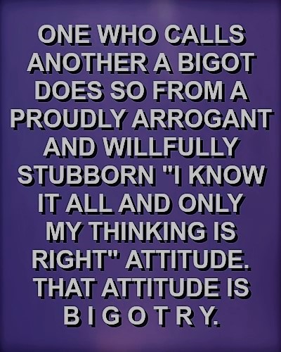 BIGOT: Definition - "A person who is obstinately or intolerantly devoted to his or her own opinions and prejudices." I see this word weaponized by people from all political and religious beliefs, and those who are apolitical and atheists. Humbleness and Peace - make it trend!