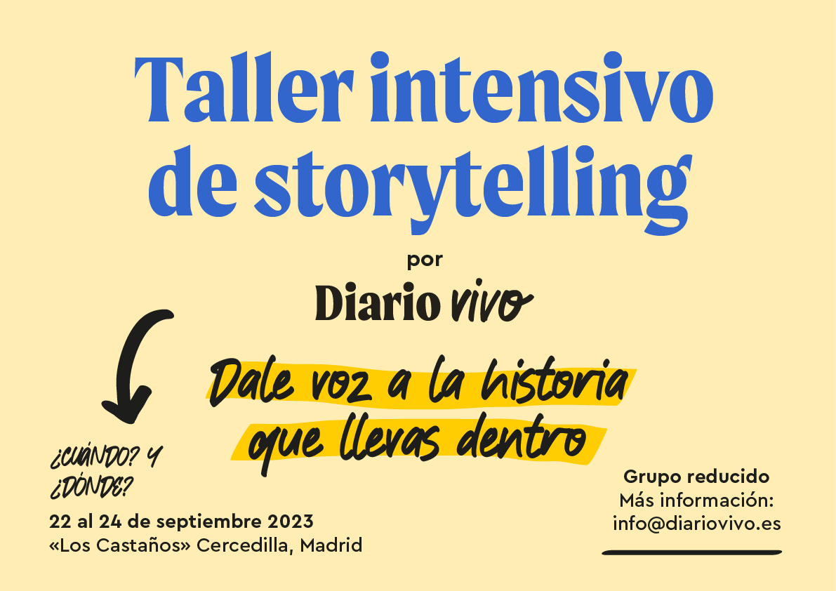 🗣"Dale voz a la historia que llevas dentro". Aprende a identificar una historia, sacarla a la luz, estructurarla y contarla en voz alta. Taller intensivo de storytelling del 22 al 24 de septiembre de 2023 en la Sierra de Madrid.
👉Inscríbete: info@diariovivo.es