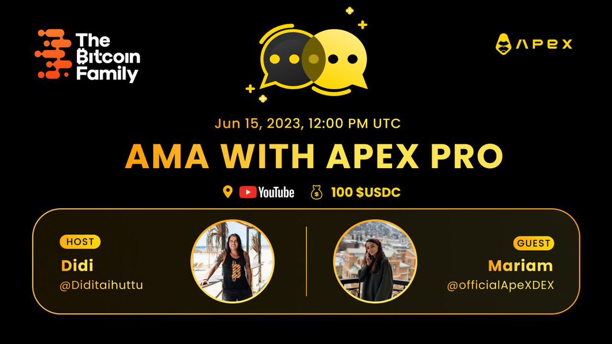 It’s important to understand why you should use a #DEX so join this Ama Tomorrow and win $100 USDC 🚀

1. Follow ApeX on Twitter <a href="/OfficialApeXdex/">ApeX Protocol</a> 

2 . Sign up (connect your wallet) on ApeX using this link 
affiliates.pro.apex.exchange/b/Didi

3. Retweet