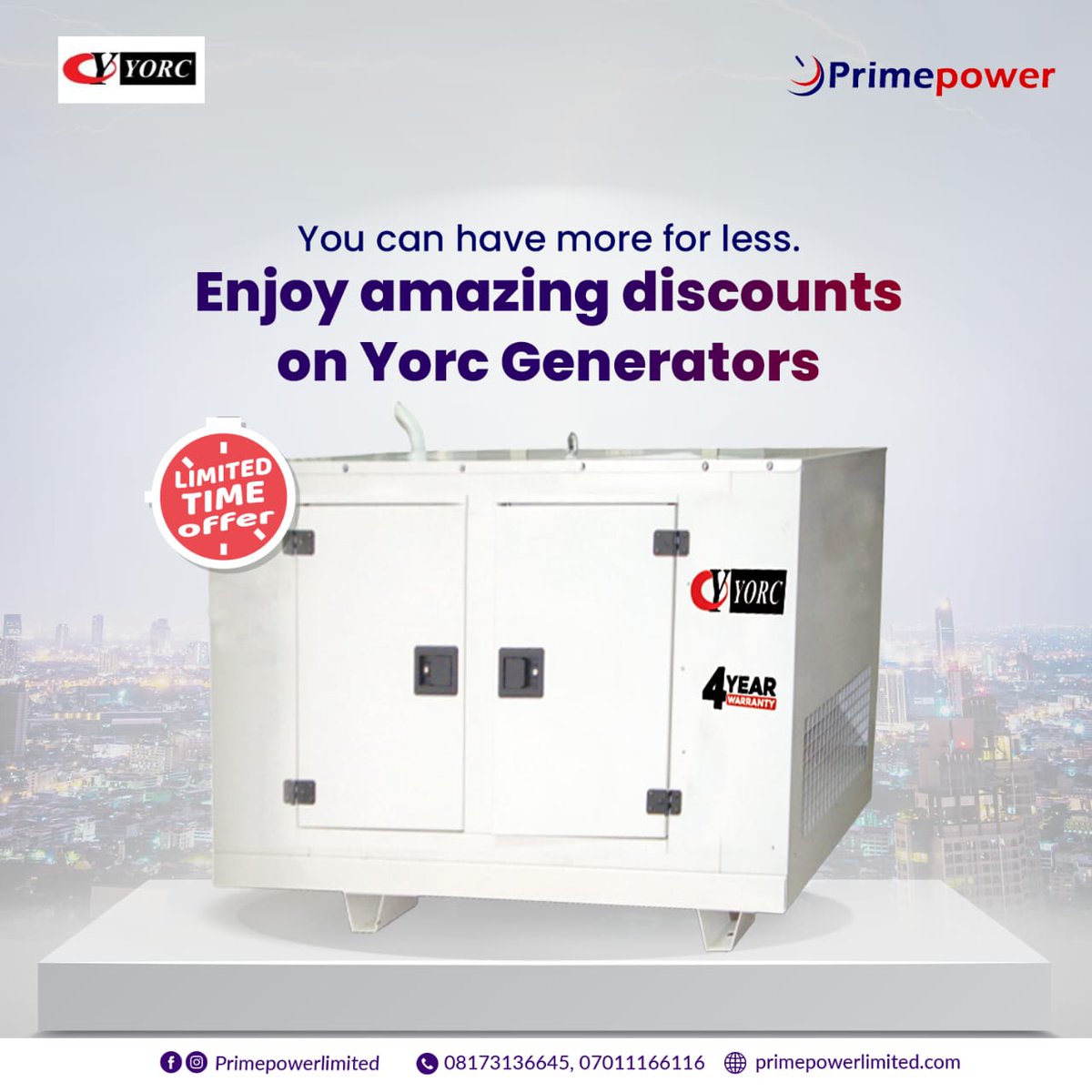 Powergenltd's tweet photo. Enjoy an uninterrupted power supply at the lowest cost.

Yorc generators, known for their strength and durability, save up to 10% on fuel consumption and come with a 4-year warranty.

Give us a call today!

#Primepower #Yorcgenerator #durability #PowerWithConfidence https://t.co/GJ05bzsysj