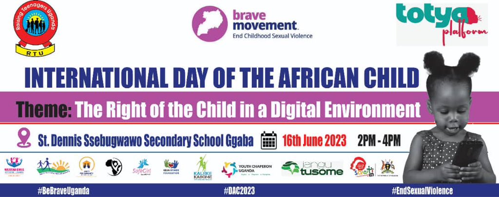 Join us in empowering the African Child. Help us celebrate the Day of the African Child on 16th June at At Dennis Sebugwawo school Ggaba

Together let's create a lasting impact and create brighter future for African Children 
#BeBraveUganda
#BraveMovement

#endchildsexualabuse