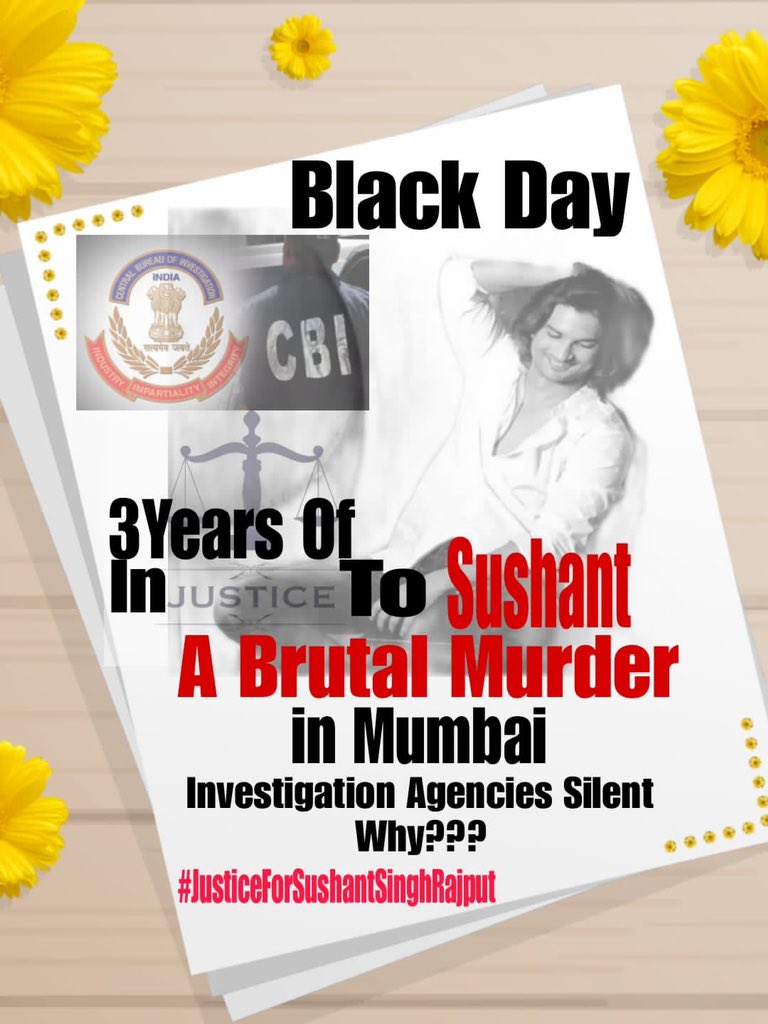 manishavak's tweet photo. Sushant Singh Rajput was Murdered on 14th June 2020 a Black Day, Mumbai Police tried to botched-up Murder into Sucide theory.

Comon people started raising their Voice for Sushant’s Justice and after 2 months CBI took over charge and started investigating Sushant’s Murder. 

But after 3years @CBIHeadquarters is silent, why ???, 

What happened to Sushant on 13th night, who killed Sushant but no answer from #CBI why ???…..

Lot’s of hope in our Investigation agency #CBI so request you to file Chargesheet as soon as possible. 

@rashtrapatibhvn 
@indSupremeCourt @SCofInd 
Sir/Madam,
Please do intervene in #SushantSinghRajput Brutal Murder Case. 🙏

3years Of Injustice To Sushant  #JusticeForSushantSinghRajput
