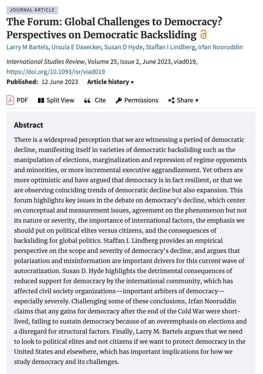 There has been a lot of debate about democratic backsliding lately. In this @IntlStudiesRev article, I identify the main issues at stake before Larry Bartels, @dshyde @StaffanILindber & Irfan Nooruddin outline their views - read it here open access 👇 academic.oup.com/isr/article/25…