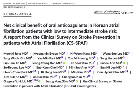 Net clinical benefit of oral anticoagulants in Korean #Afib patients with low to intermediate stroke risk: A report from the Clinical Survey on Stroke Prevention in patients with Atrial Fibrillation (CS‐SPAF) @LHCHFT @LJMU_Health @LivHPartners  onlinelibrary.wiley.com/doi/10.1002/jo…