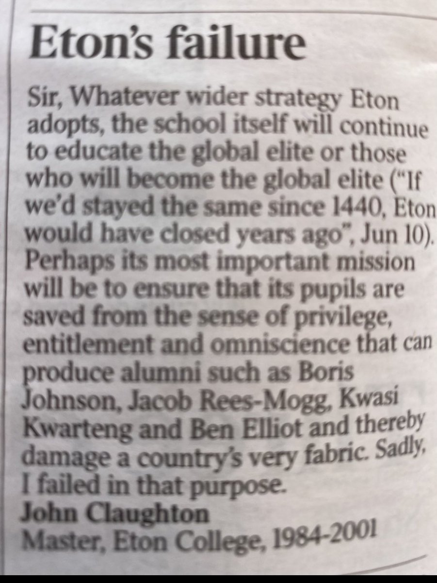 RT @OxfordDiplomat: Wow. What a letter. From John Claughton, Master of Eton College, 1984-2001. https://t.co/U6dYK0hku6