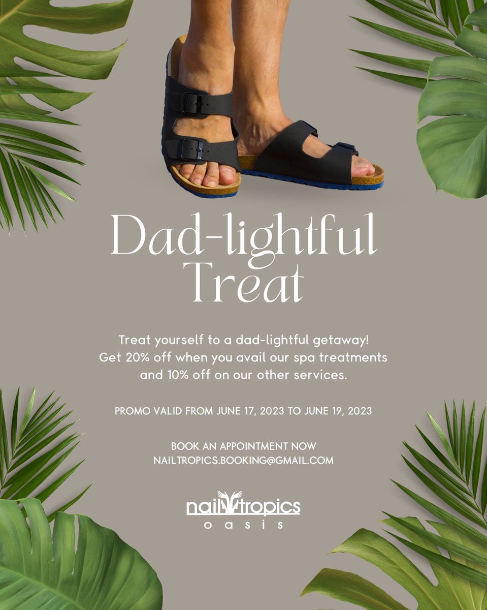 ntoasis's tweet photo. Pamper dad this #fathersday! Enjoy our Dad-lightful Treat promo from June 17 to June 19.
Book your appointment now: nailtropics.booking@gmail.com
Join our Viber: https://t.co/5AFcK5hOpw
#NailTropics #NailTropicsOasis #WeNailLife https://t.co/oJ2z8b4HRV