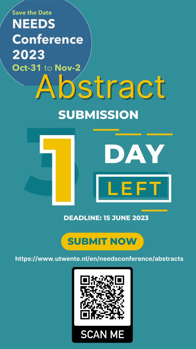 📣 Attention researchers &amp; professionals! 
Only 1 day left to submit your abstracts for the NEEDS Conference.  

🗓️ Deadline: June 15,2023
Submit here 👉utwente.nl/en/needsconfer…… 
Let's shape the future of emergency &amp; disaster research together! #NEEDS2023