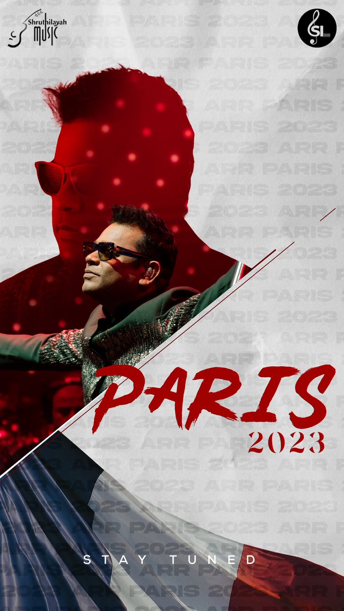 Shruthilayah's tweet photo. As you guessed, the one and only AR RAHMAN will be going live in PARIS for the first time ever ! 🇨🇵 
Don’t miss to follow our page for the next official updates ! 
#Shruthilayah #ARR #LiveinParis #arrahmanlive #arrahman #rahmanism #arrahmanliveconcert #30YearsofRahman #TIE https://t.co/6Rke4kpJXE