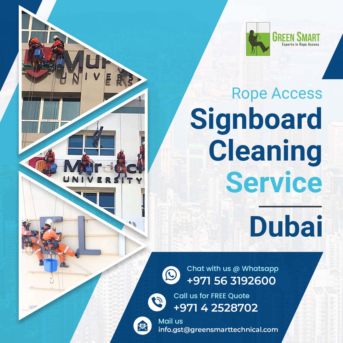 Rope Access Signboards Cleaning Service Dubai 🇦🇪

Make your business stand out with perfect signboards! #GreenSmartTechnical's rope access technicians are ready to offer excellent #signboardinstallation and #cleaningservices. 
🌐greensmarttechnical.com/services/signb…