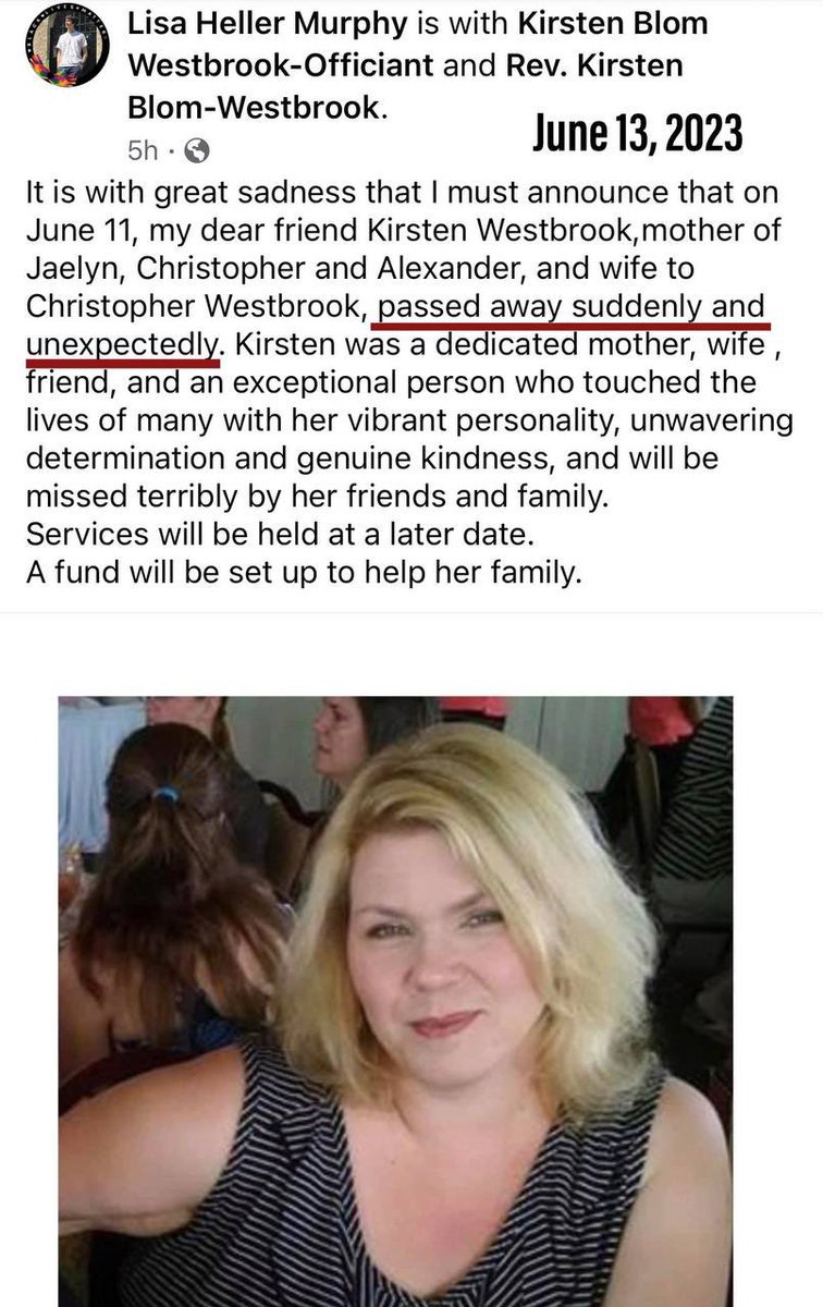 Kirsten Westbrook 💉🪦
#FullyVaccinated #DiedSuddenly
(June 2023) 🇺🇸 Maryland 

“ .. my dear friend Kirsten Westbrook, mother of Jaelyn, Christopher and Alexander, and wife to Christopher Westbrook, passed away suddenly and unexpectedly ..

CovidBC.me