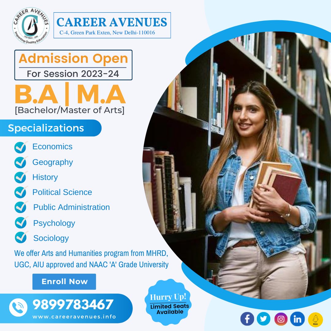 Start your Education at the UGC Recognized University!

Enroll yourself at Career Avenues today!!

#DistanceEducation #BA #MA #BSW #MSW #Humanities #Education #Art #Learning #careeravenues #Learn #Educationtoall #University #SocialScience #Distancedegree #Saveyourtime #teaching