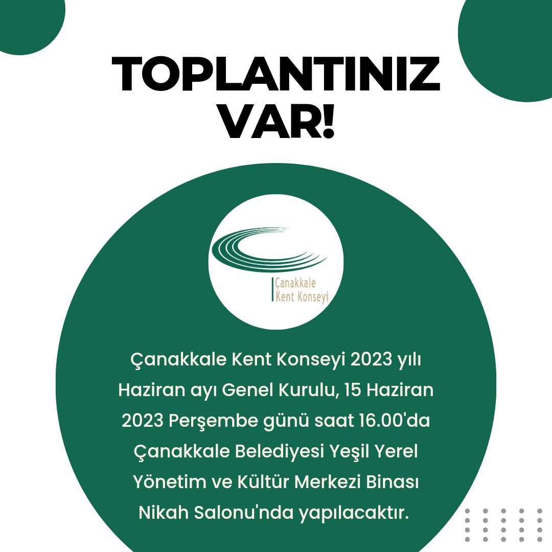 📢Çanakkale Kent Konseyi Genel Kurul Duyurusu 
Çanakkale Kent Konseyi 2023 yılı Haziran ayı Genel Kurulu, 15 Haziran 2023 Perşembe günü saat 16.00'da Çanakkale Belediyesi Yeşil Yerel Yönetim ve Kültür Merkezi Binası Nikah Salonu'nda yapılacaktır. #canakkale #genelkurul