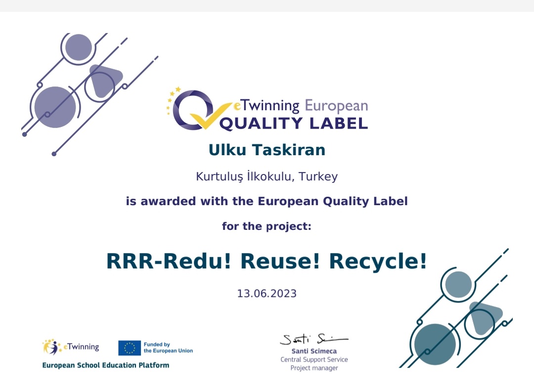 2021-2022 yılında kuruculugunu Romanya ile birlikte yaptığımız projemizden Avrupa Kalite Etiketini aldık.Bütun ortak öğretmen ve öğrencilerimize teşekkürler.