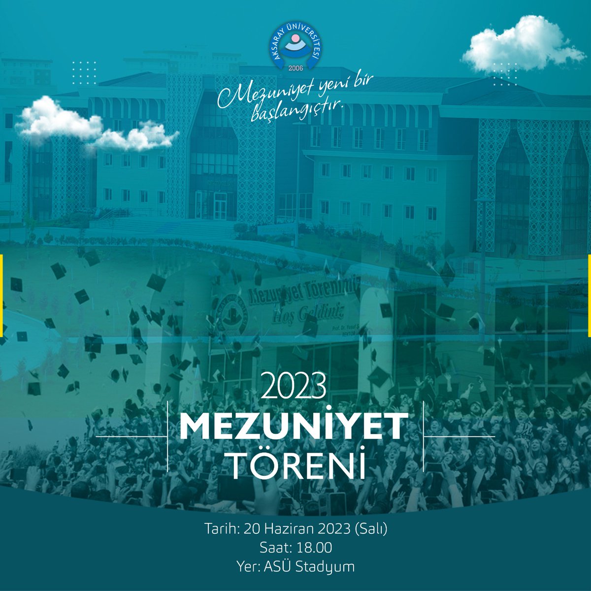2023 Mezuniyet Töreni
🗓️2️⃣0️⃣ Haziran 2️⃣0️⃣2️⃣3️⃣ Salı
⏰1️⃣8️⃣➖0️⃣0️⃣
📍#ASÜ Stadyum 

#AksarayÜniversitesi #Aksaray #Asülügözünden #ASÜlü #MezuniyetTöreni