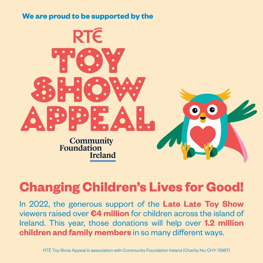 We are delighted to be chosen as one of the lucky recipients of the #toyshowappeal 💓@rte @thelatelateshow @CommunityFound
