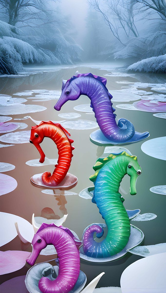#AIart 

Frosted rainbow coloured seahorses in a frozen lily pond in a misty forest