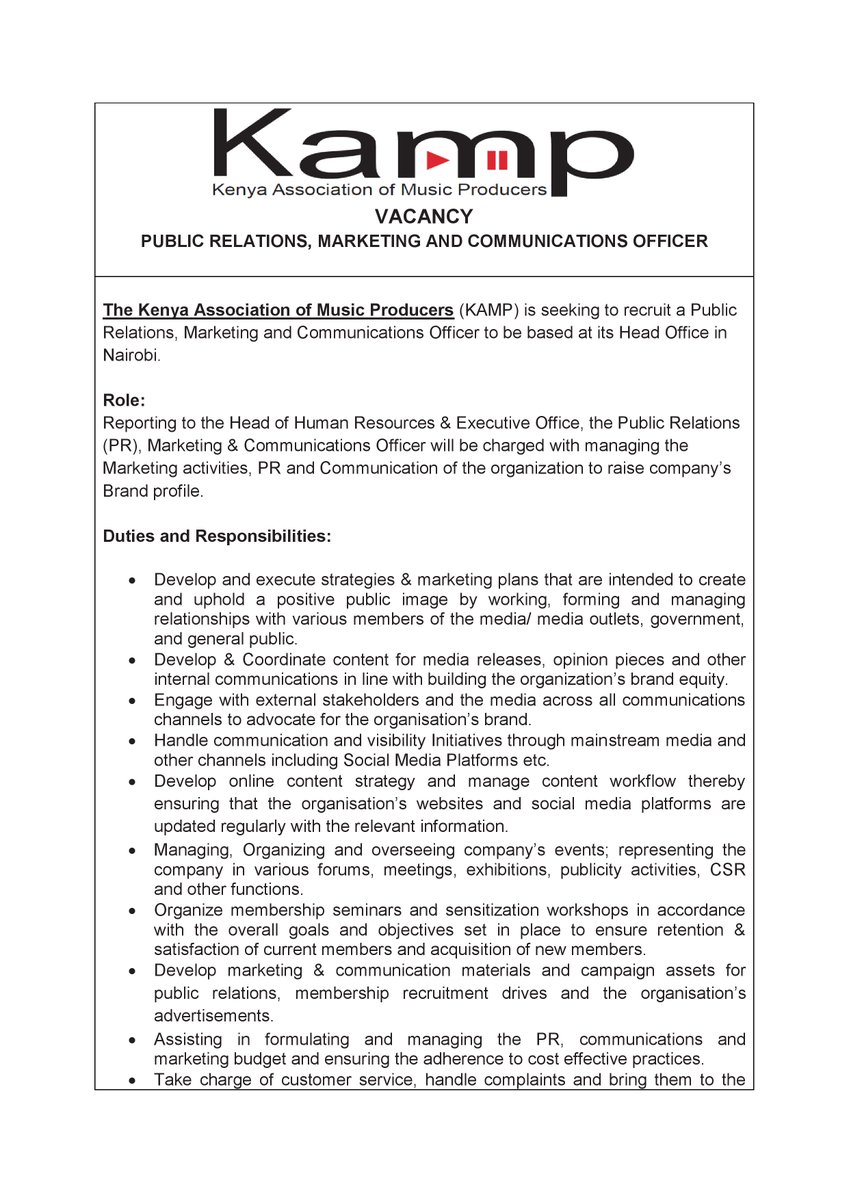 kampkenya's tweet photo. The Kenya Association of Music Producers (KAMP) is seeking to recruit a Public Relations, Marketing and Communications Officer to be based at its Head Office in Nairobi.
All suitable applicants are  encouraged to apply. Deadline to receive applications is 20th June 2023. https://t.co/WLXhp4HKF0