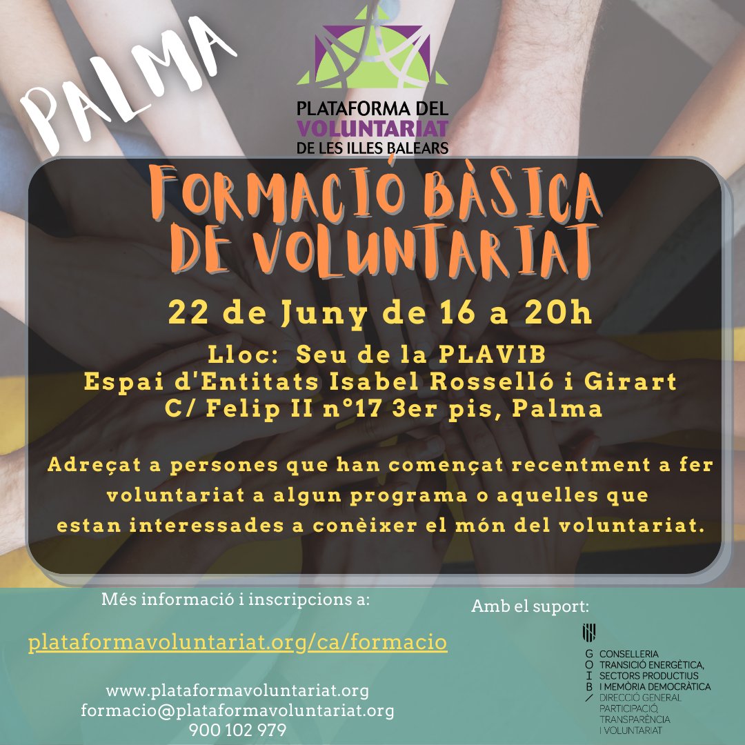plavib's tweet image. 📢Formació Bàsica de Voluntariat presencial - Palma 📢
22 de Juny 
16:00 a 20:00h 
Espai d'entitats Isabel Rosselló i Girart - C/Felip II n17 - Palma

Adreçada a persones que estan interessades en conèixer el món del #voluntariat

➡️Inscripcions: link a bio

#plavib #transformant
