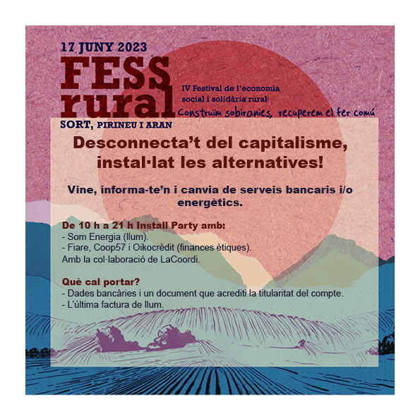 LaCoordiCat's tweet photo. Al @fessrural us animem a fer un pas (o dos) més per desconnectar-vos del capitalisme! Heu de portar: 

- Dades bancàries i un document que acrediti titularitat del compte. 
- Darrera factura de llum. 

🤩I sereu benvingudes a les #FinancesÈtiques i a @SomEnergia #FESSRural2023 https://t.co/mvvAe1waki